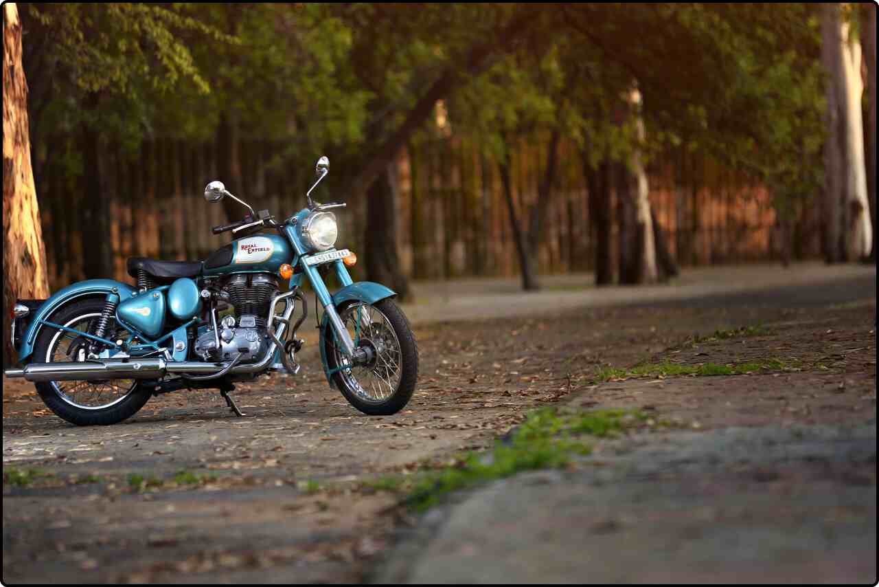 Royal Enfield motorcycle at rest, showcasing its classic look.